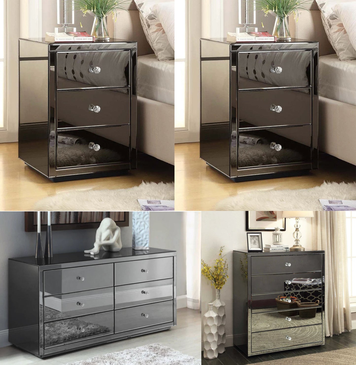 Venice Smoke Mirror Bedside Tables Tallboy Dresser Package Bradshaw