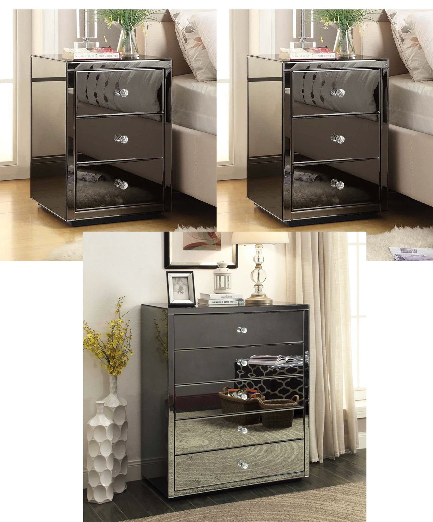 2 x Venice Smoke Bedside Tables and Tallboy Package