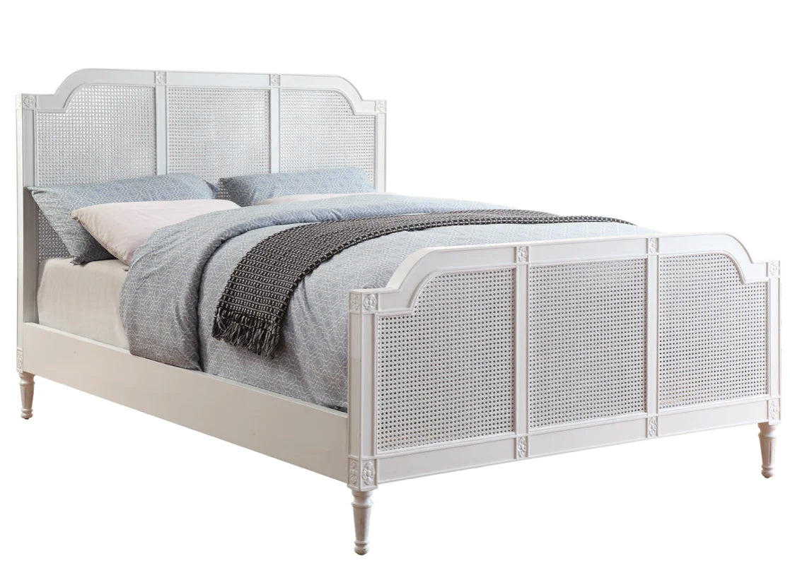 PALOMA Queen Bed French Style White "Distressed" Finish with Rattan