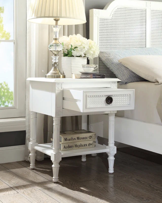 PALOMA Bedside Table French style White "Distressed" Finish with Rattan