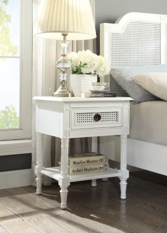 PALOMA Bedside Table French style White "Distressed" Finish with Rattan