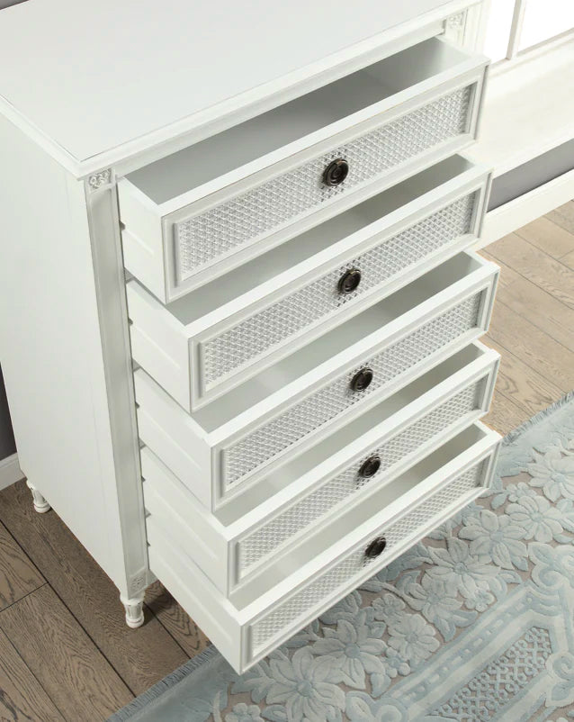 PALOMA Tallboy French style White "Distressed" Finish with Rattan