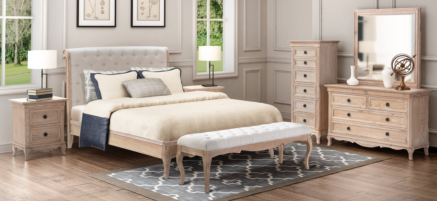 FLEUR Queen European White Oak & Upholstered Bed LOW FOOT END