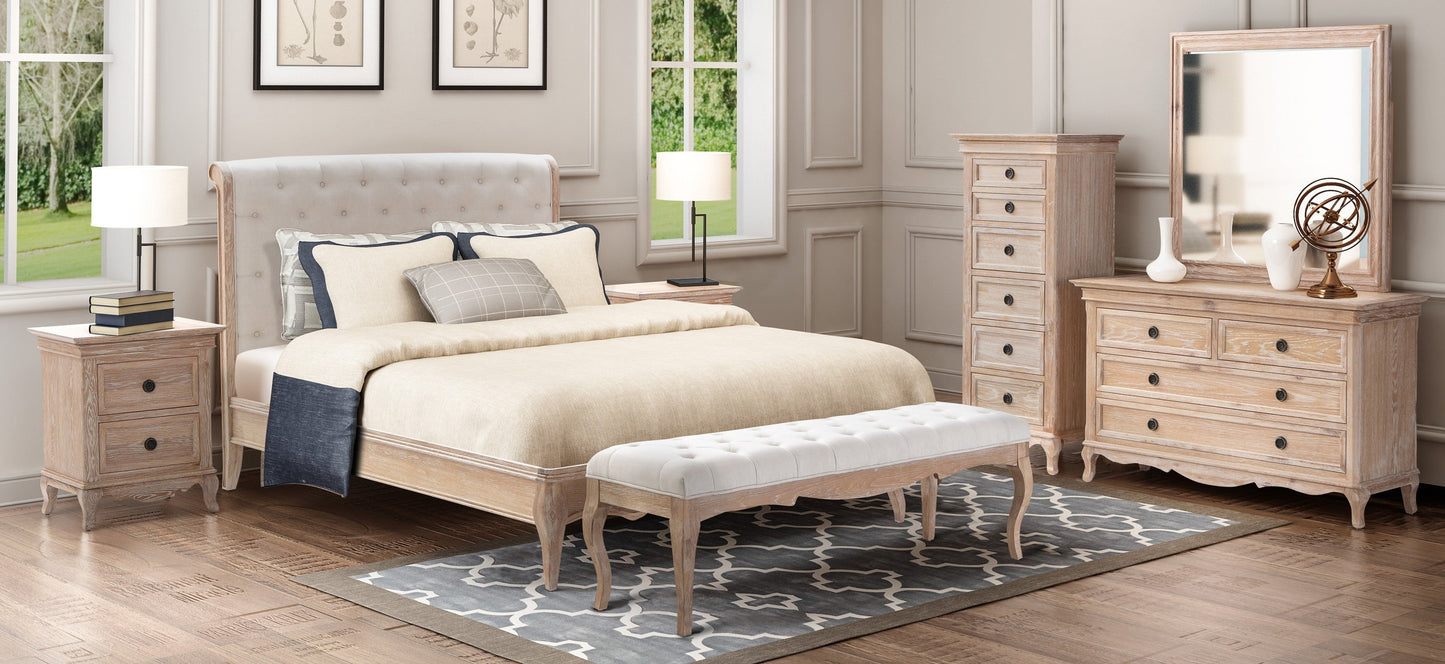 FLEUR King European White Oak & Upholstered Bed LOW FOOT END