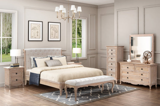 FLEUR Queen European White Oak & Upholstered Bed LOW FOOT END