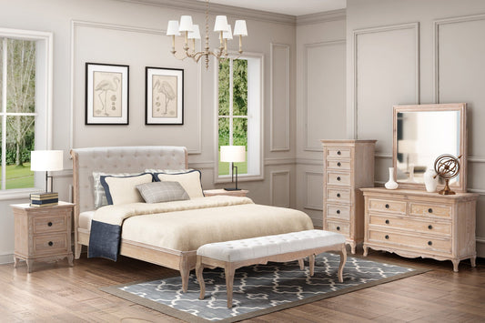 FLEUR King European White Oak & Upholstered Bed LOW FOOT END