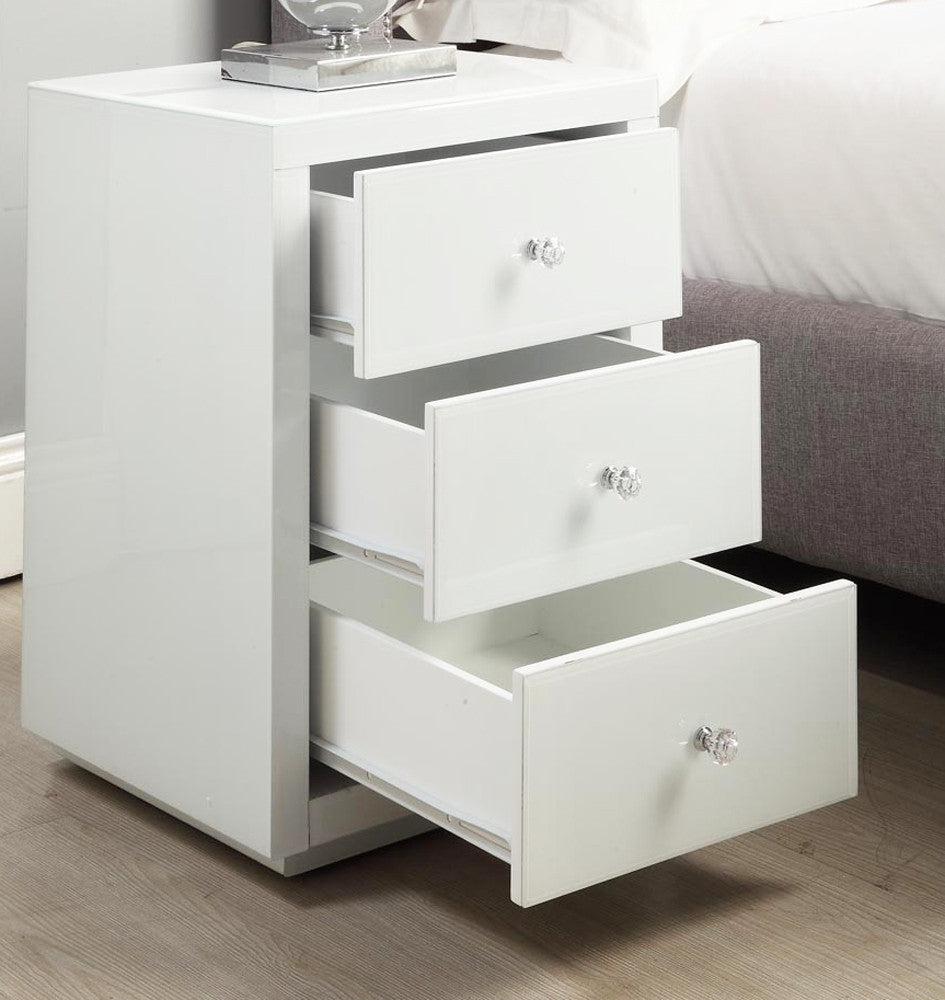 VENICE White Glass Mirrored 3 Drawer Bedside Table