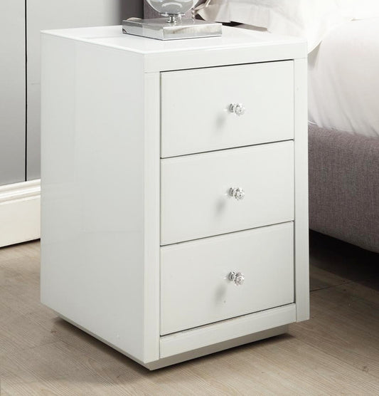 VENICE White Glass Mirrored 3 Drawer Bedside Table