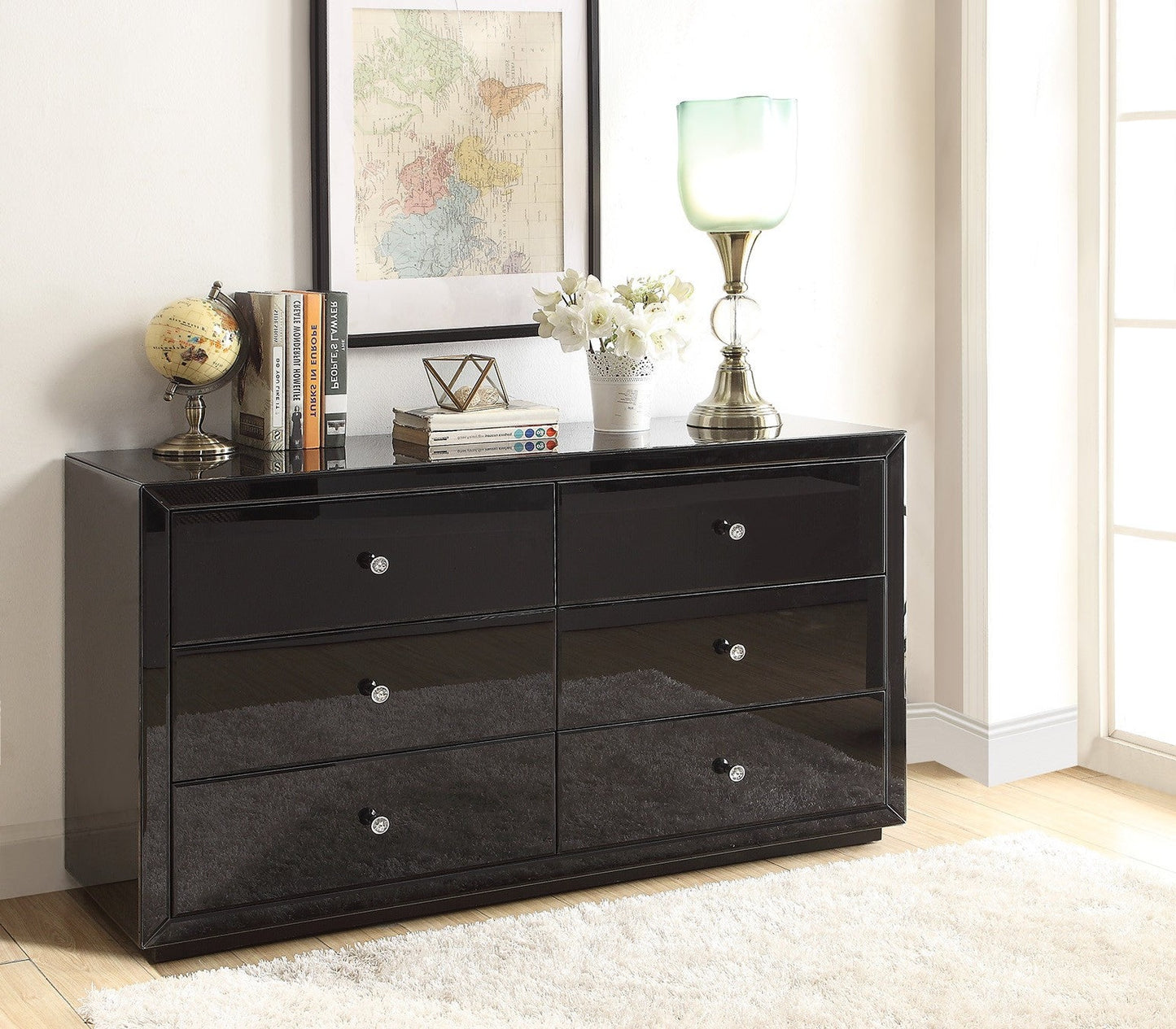 BOULEVARD BLACK GLASS Dresser Low Chest 6 Drawers