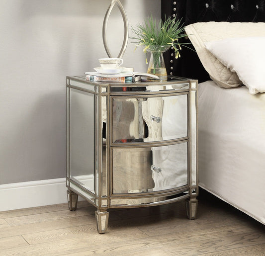 ROCHELLE Mirror Bedside Table, 2 drawers - Antique Brushed Silver Wood Frame