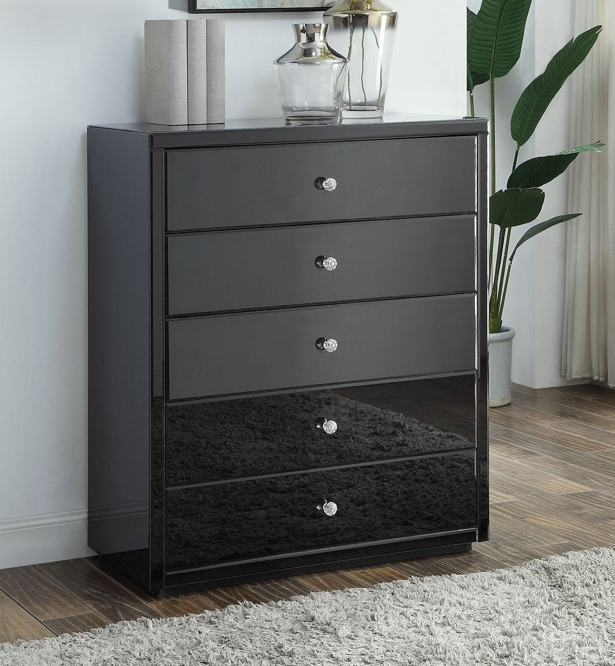 VENICE Black Glass Mirror Tallboy 5 Drawer