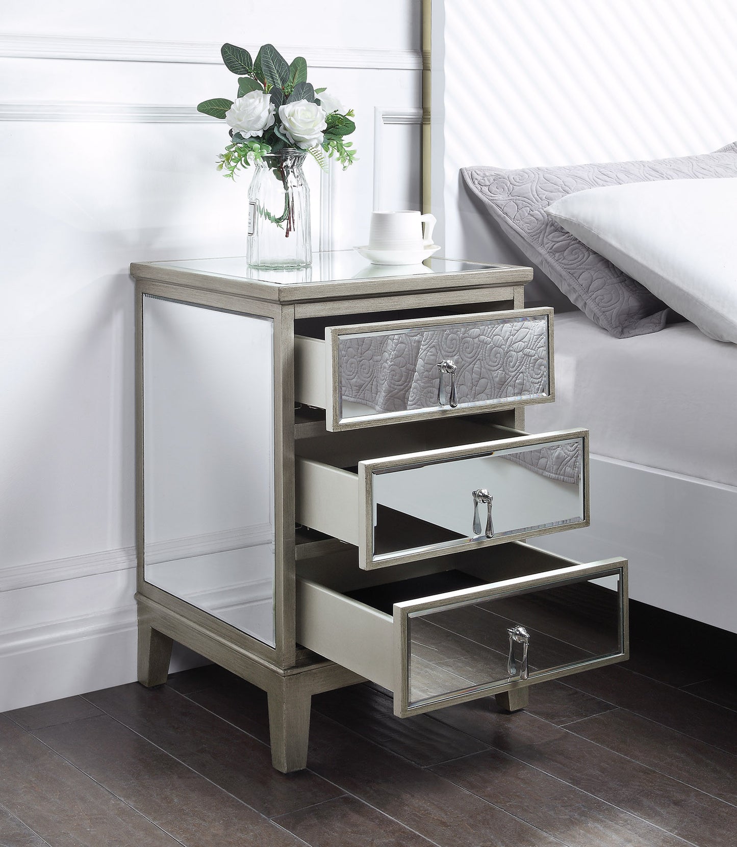 GATSBY Mirrored Bedside Table Antique Brushed Silver