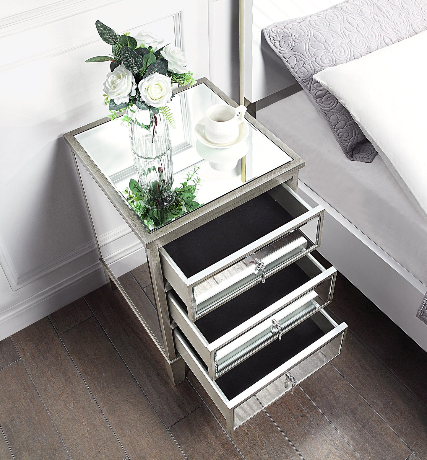 GATSBY Mirrored Bedside Table Antique Brushed Silver