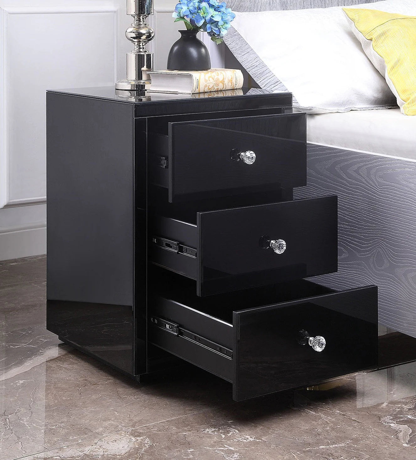 VENICE Black Glass Bedside Table (Pair) & Tallboy Package Bradshaw