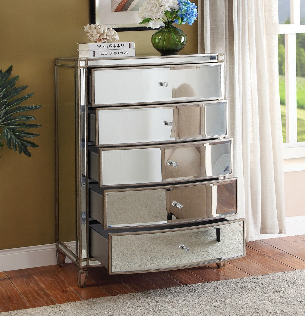 ROCHELLE Mirror 5 Drawer Tallboy Antique Brushed Silver Wood Frame