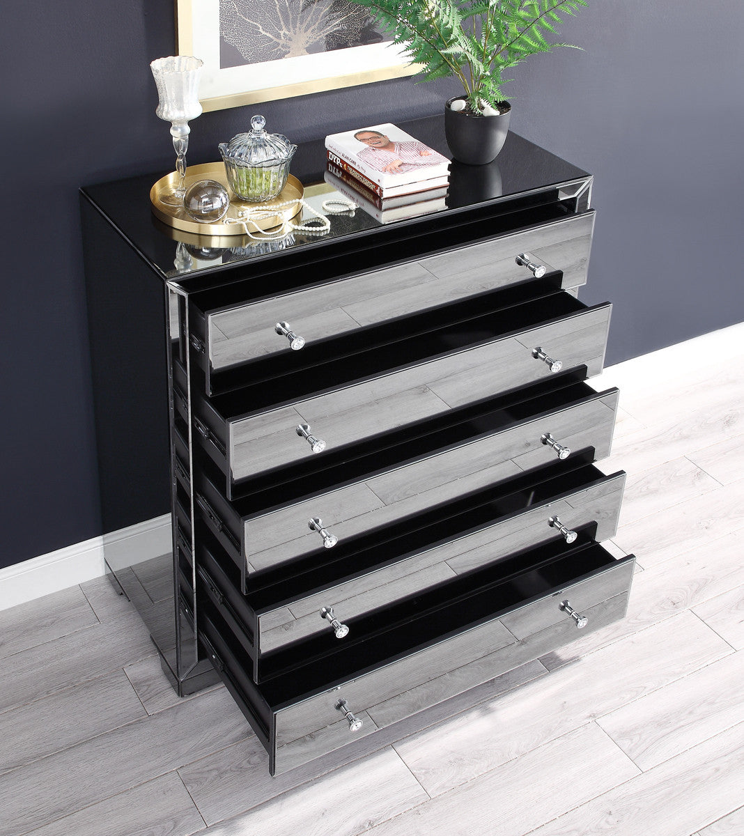 BOULEVARD Smoke Mirror Tallboy 5 drawers