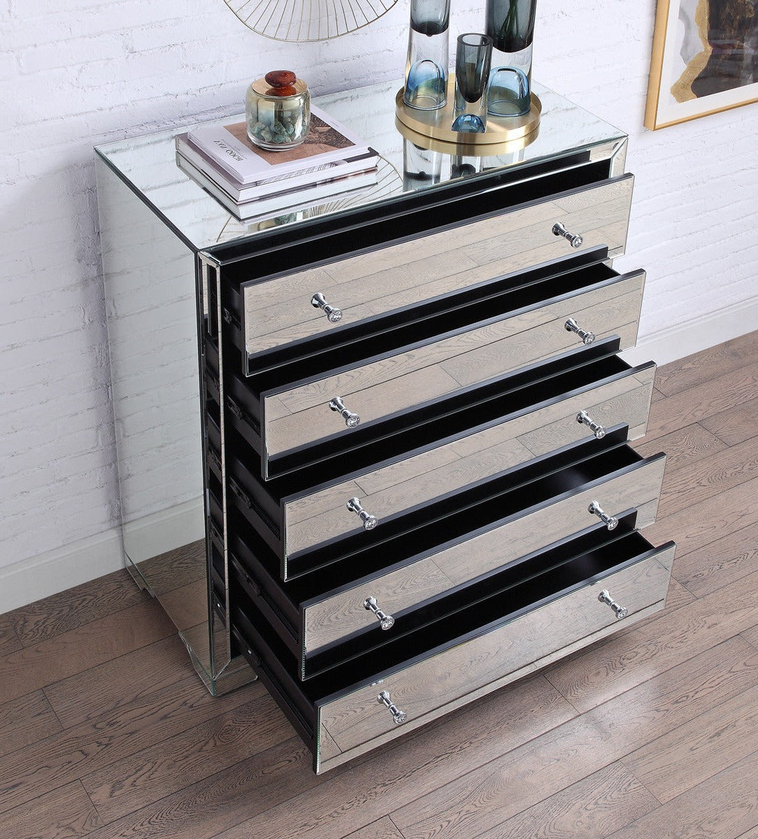 BOULEVARD Silver Mirror Tallboy 5 drawers