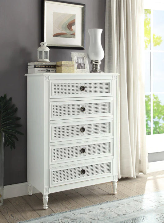 PALOMA Tallboy French style White "Distressed" Finish with Rattan