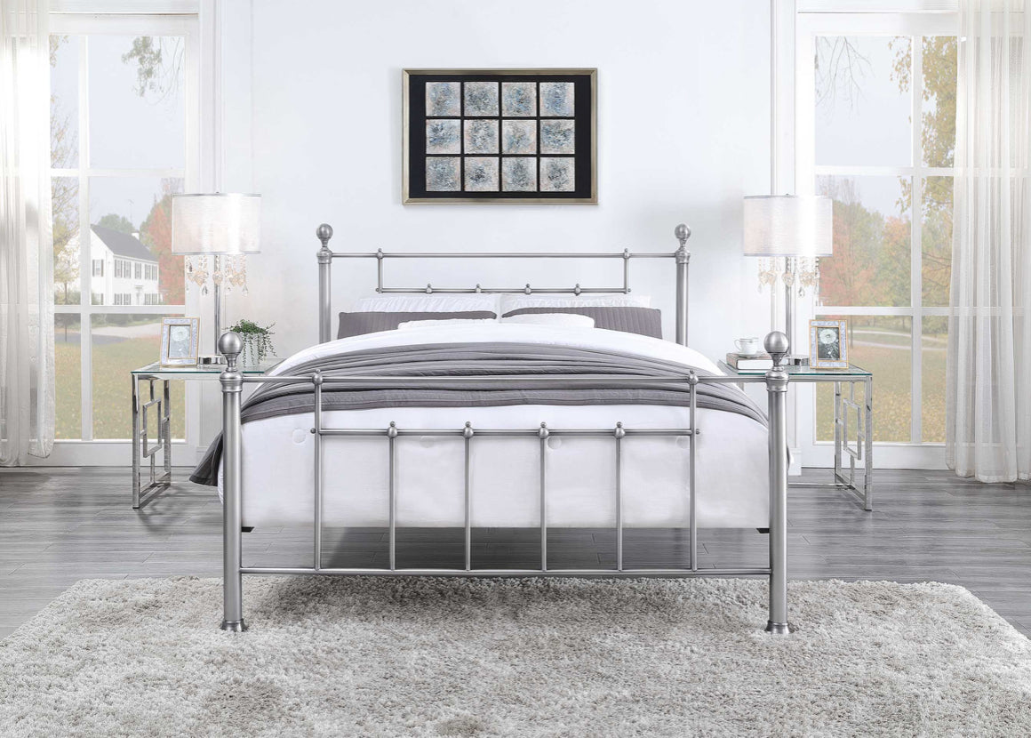 CHADSTONE Queen Bed Pewter Plated with Round Metal Finials