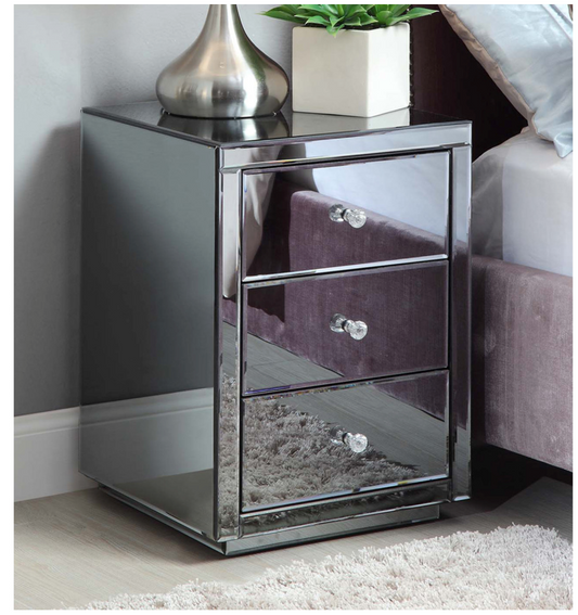 VEGAS Smoke Mirror Bedside Table 3 Drawers Crystal Effect Handle