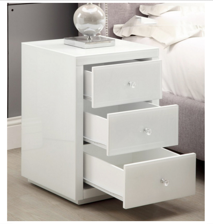 VEGAS White Glass Bedside Table 3 Drawer with Crystal Effect Handle