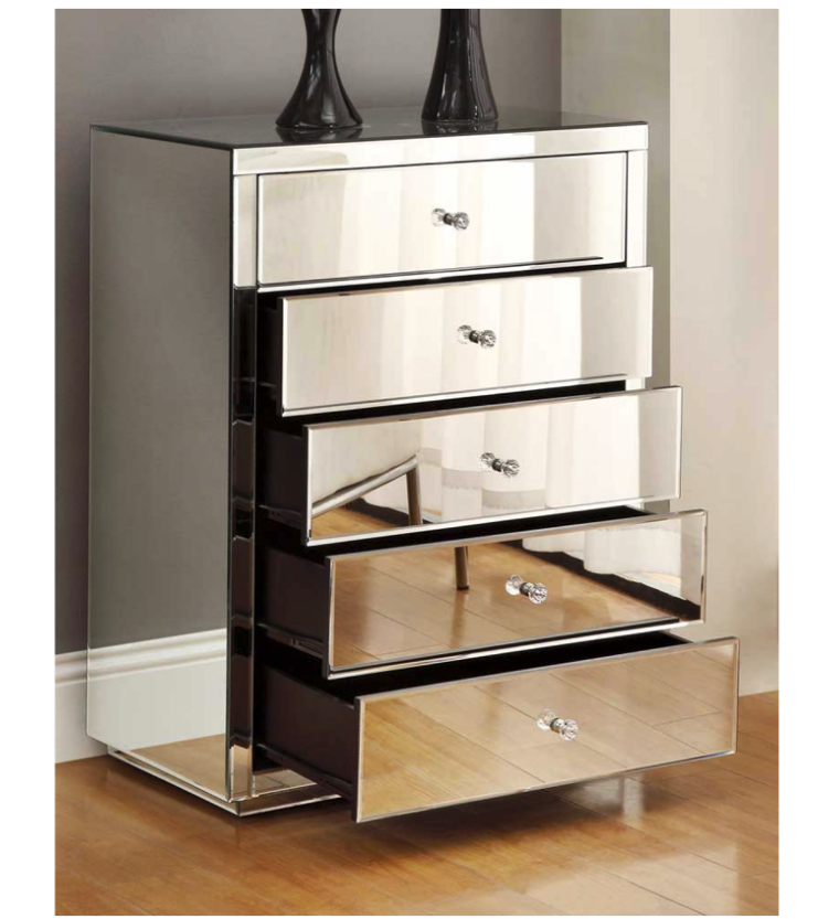VEGAS Mirror Tallboy 5 Drawers with Crystal Effect Handle