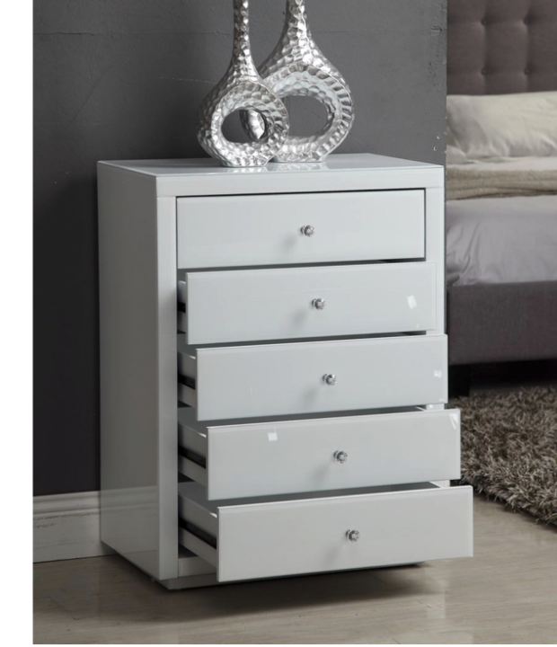 VEGAS White Glass Tallboy 5 Drawers with Crystal Effect Handle