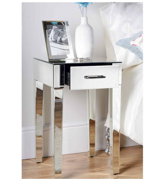 Zoe Mirrored Bedside Lamp Table with Single Drawer Bar Handle