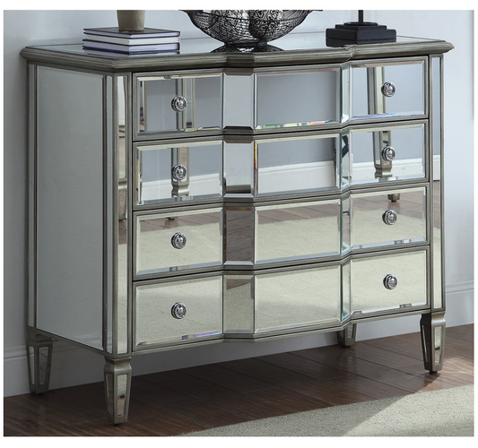 Leonore Mirrored Dresser Chest 4 Soft Close Drawers Metal Handles