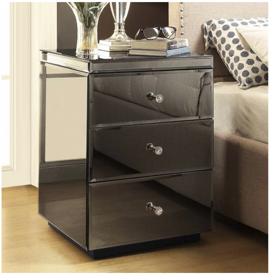 Rio Smoke Mirror Bedside Table 3 Drawers Metal and Crystal Insert Handles