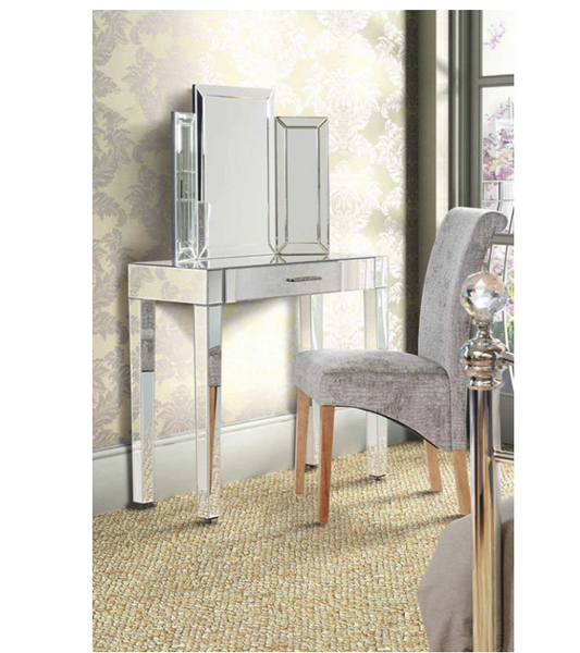 Zoe Mirrored Dressing Table Console 1 Drawer 4 legs Metal Handle