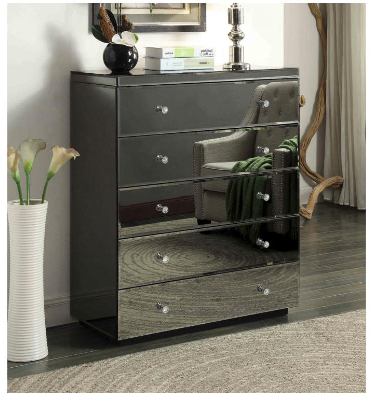 Rio Smoke Mirror Tallboy 5 Drawers Metal & Crystal Insert Handles