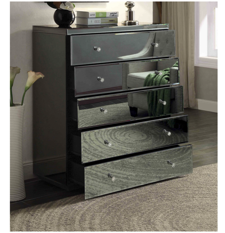 Rio Smoke Mirror Tallboy 5 Drawers Metal & Crystal Insert Handles