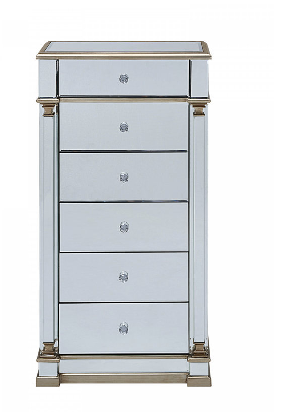 Athena Mirrored Narrow Chest 5 Drawers Antique Brushed Silver Wood Frame