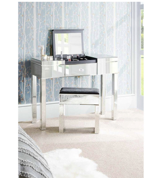 Apollo Mirrored Dressing Table with single drawer and pop up Vanity Mirror