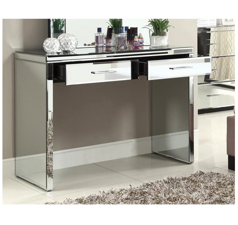 Rio Mirrored Dressing Table Console 2 Drawers Metal Bar Handles