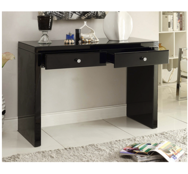Rio Black Glass Dressing Table Console 2 Drawers Metal & Crystal Insert Handles
