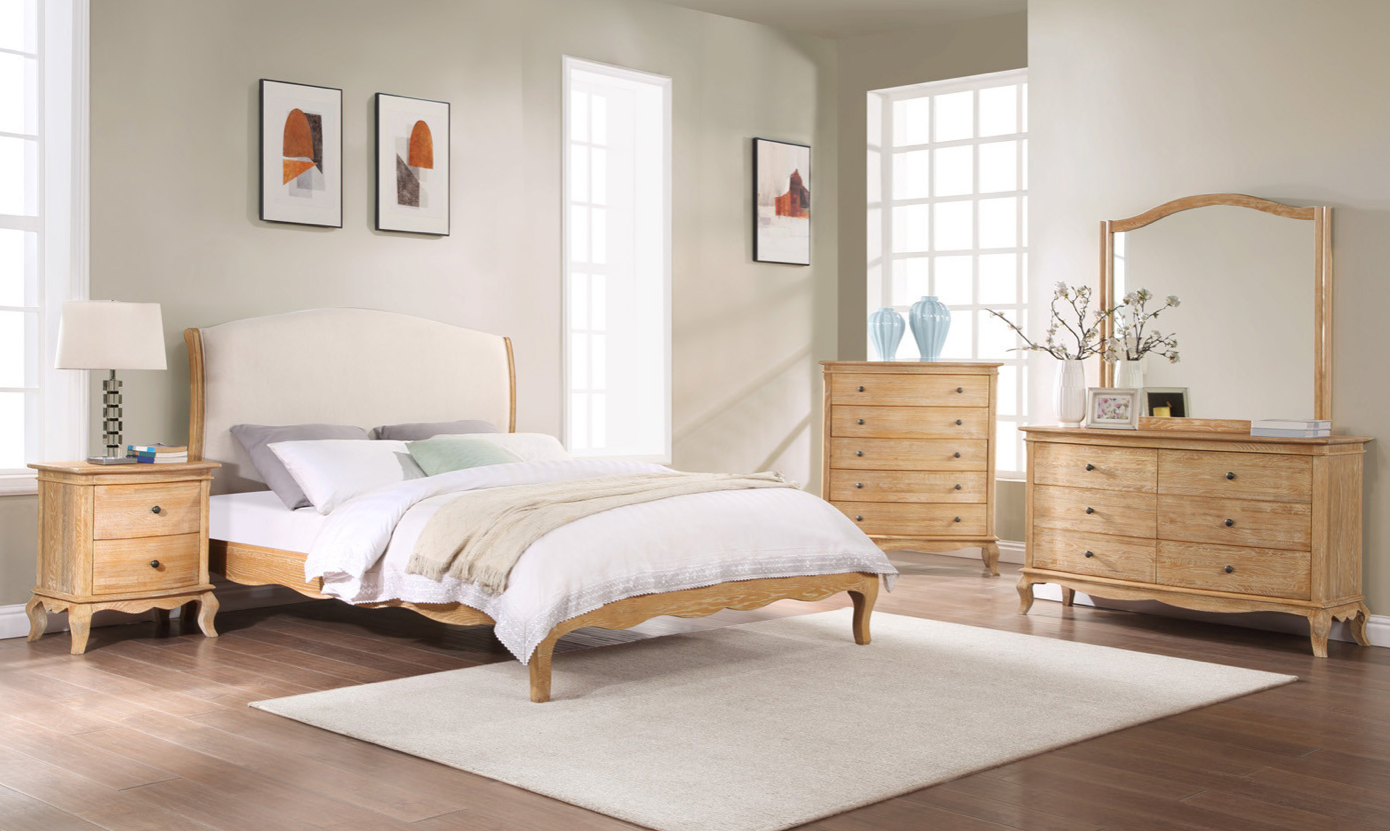 MILLES QUEEN Bed Oak & Upholstered Weathered Provincial Finish