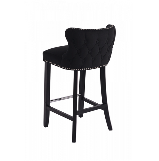 Margonia Bar Stool Black Velvet Chrome Details Tufted Back Chrome Footrest