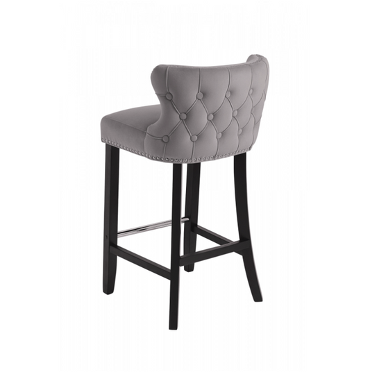 Margonia Bar Stool Dove Grey Velvet Chrome Details Tufted Back Chrome Footrest