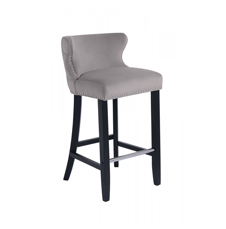 Margonia Bar Stool Dove Grey Velvet Chrome Details Tufted Back Chrome Footrest