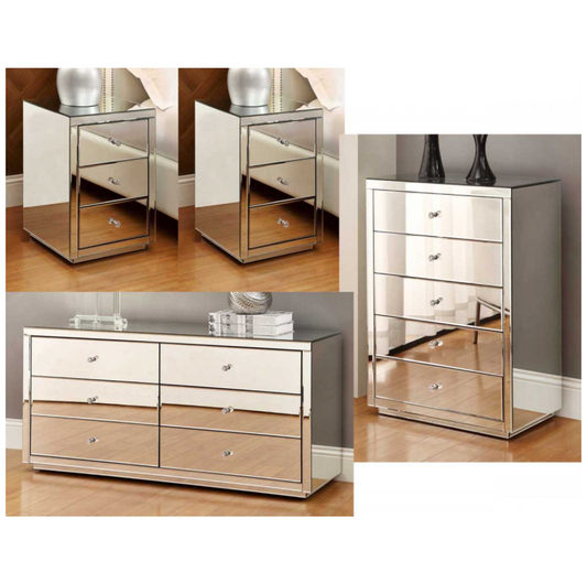 VEGAS Mirrored Bedside Tables Tallboy Dressing Table 4 Piece Package