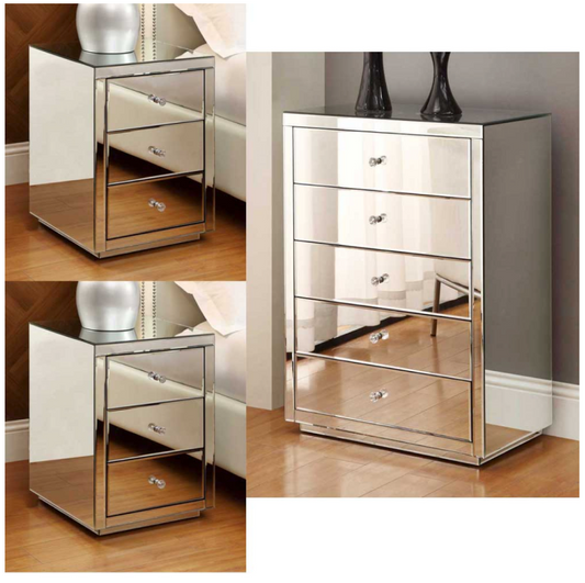 VEGAS Mirrored Bedside Tables and Tallboy 3 Piece Package