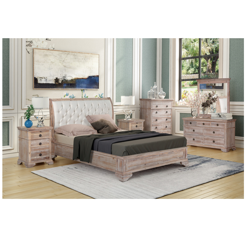 IBIZA Queen Bed Low Foot end with Tufted Upholstered Headboard Acacia Wood