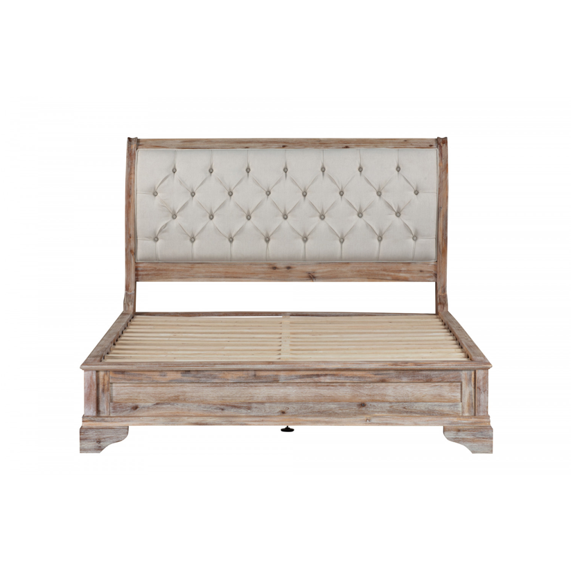 IBIZA King Bed Low Foot end with Tufted Upholstered Headboard Acacia Wood