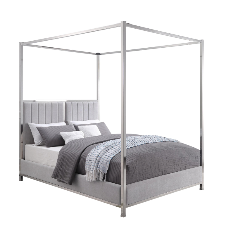 KINGSTON Queen 4 Poster Bed Chrome plated Metal Frame upholstered headboard
