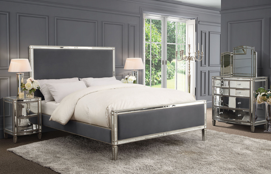 ROCHELLE Queen Bed Mirrored Panels and Storm Grey Fabric
