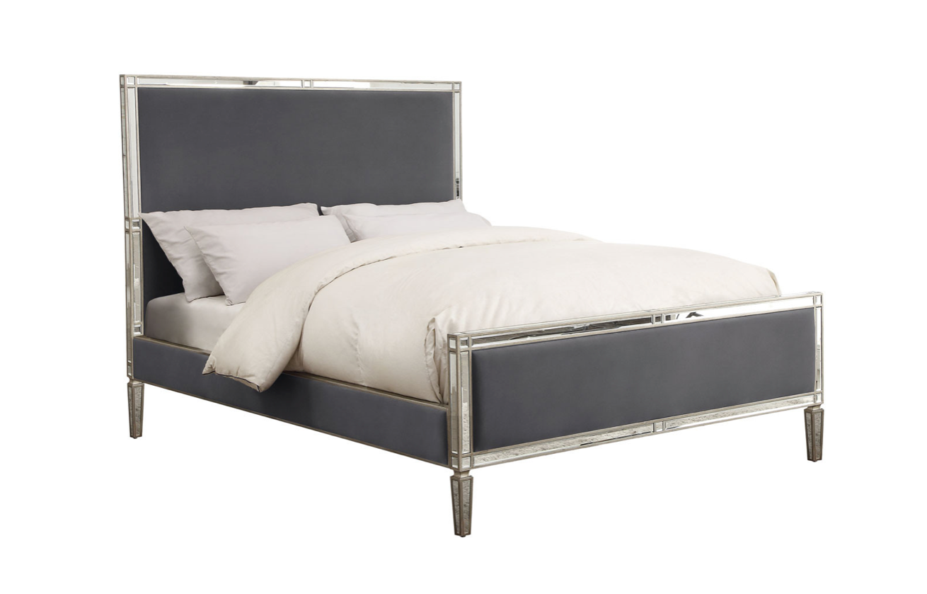 ROCHELLE Queen Bed Mirrored Panels and Storm Grey Fabric
