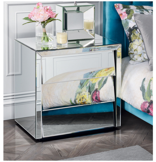 Hollywood Mirrored Bedside Table 3 Drawer Louvre Handle