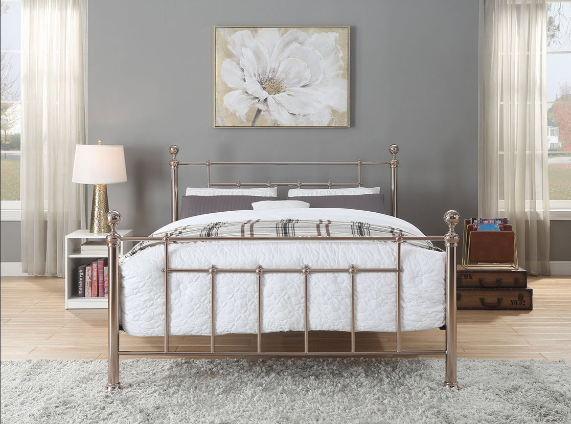 CHADSTONE Queen Bed Rose Gold Plated with Round Metal Finials